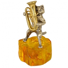 Серебряная статуэтка на подставке из янтаря "Кот с трубой" 2071
