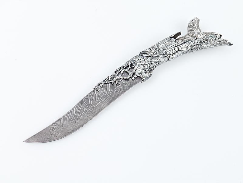Дамасская сталь и серебро. Подарочный нож "Волки" 