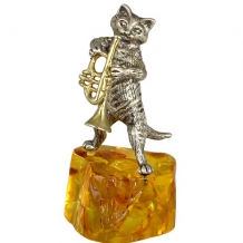 Серебряная статуэтка на подставке из янтаря "Кот с трубой"