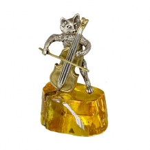 Серебряная статуэтка на подставке из янтаря "Кот с виолончелью"