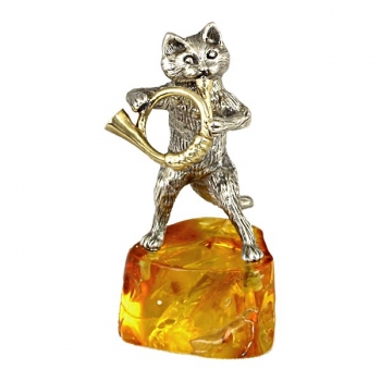 Фото - Серебряная статуэтка на подставке из янтаря "Кот с трубой" 2072