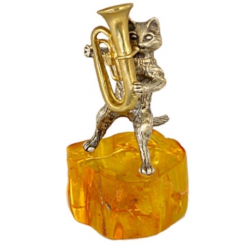 Фото - Серебряная статуэтка на подставке из янтаря "Кот с трубой" 2071
